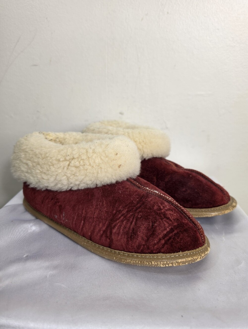 Vintage Red Velvet Shearling-Lined Women's Slippers